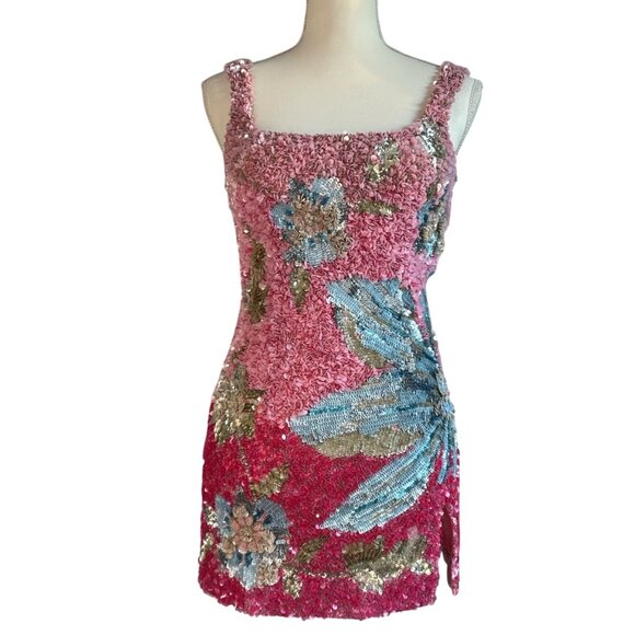 LA FUORI Fleur Oasis Mini Dress in Pink Ombre Small New Womens Sequin - Picture 5 of 16